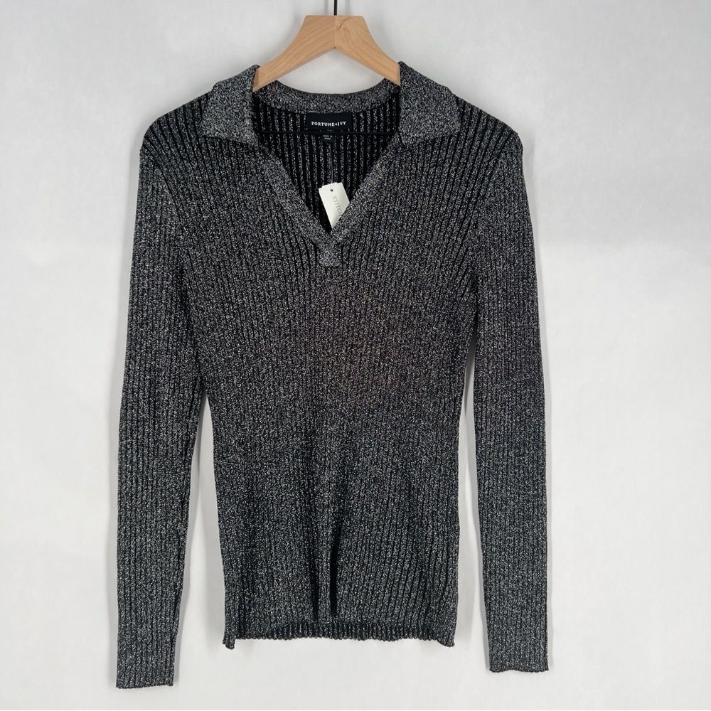 Fortune & Ivy Canterbury Collared Metallic Silver Shimmer lauren Knit Top NWT M